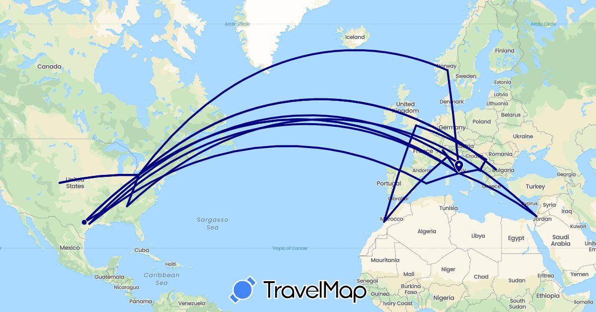 TravelMap itinerary: driving in Bulgaria, Switzerland, Spain, United Kingdom, Croatia, Israel, Italy, Morocco, Montenegro, Norway, Serbia, United States (Africa, Asia, Europe, North America)